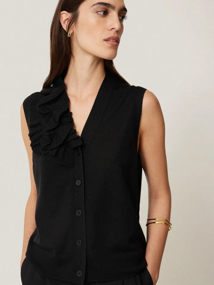 Women Merino Ruffle Waistcoat Black Jigsaw Knitwear and Cashmere