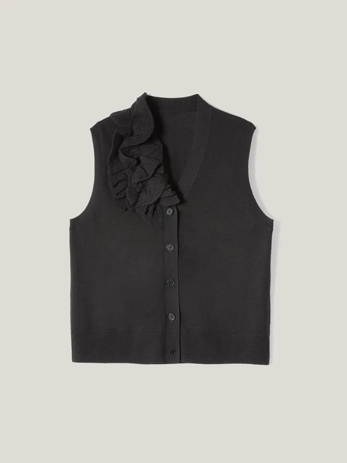 Women Merino Ruffle Waistcoat Black Jigsaw Knitwear and Cashmere