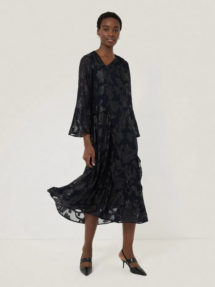 Women Metallic Jacquard Midi Dress Navy Jigsaw Dresses and Jumpsuits