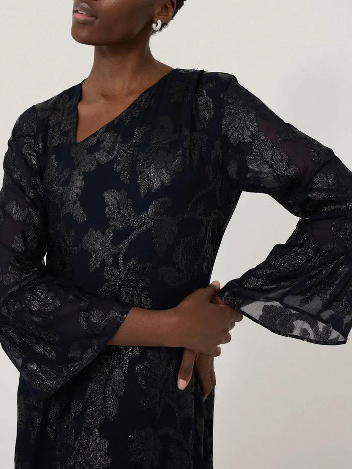 Women Metallic Jacquard Midi Dress Navy Jigsaw Dresses and Jumpsuits