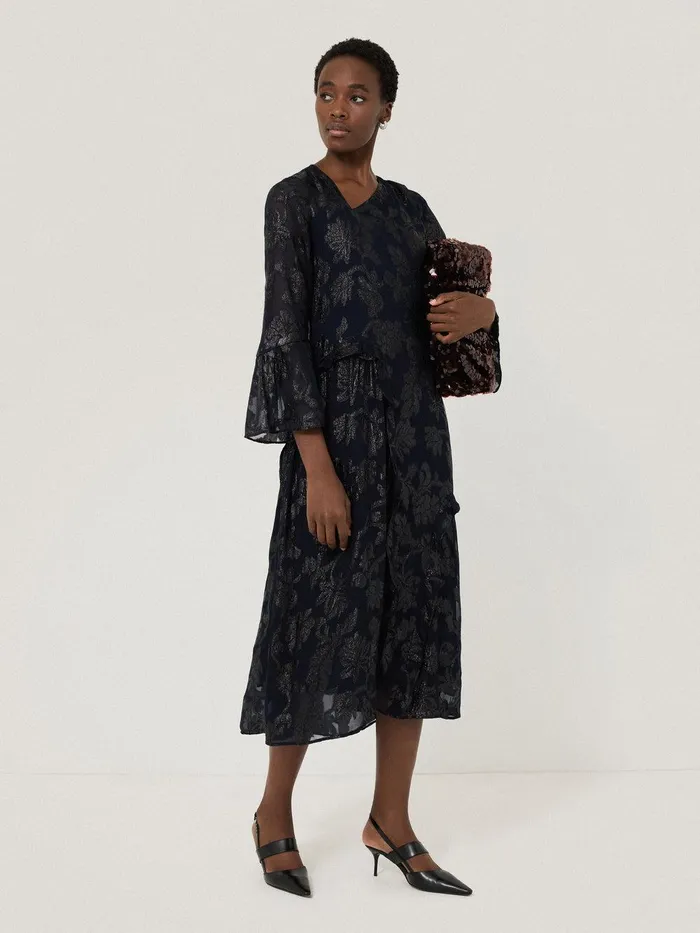 Women Metallic Jacquard Midi Dress Navy Jigsaw Dresses and Jumpsuits