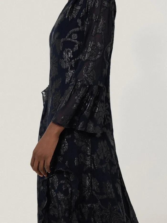 Women Metallic Jacquard Midi Dress Navy Jigsaw Dresses and Jumpsuits