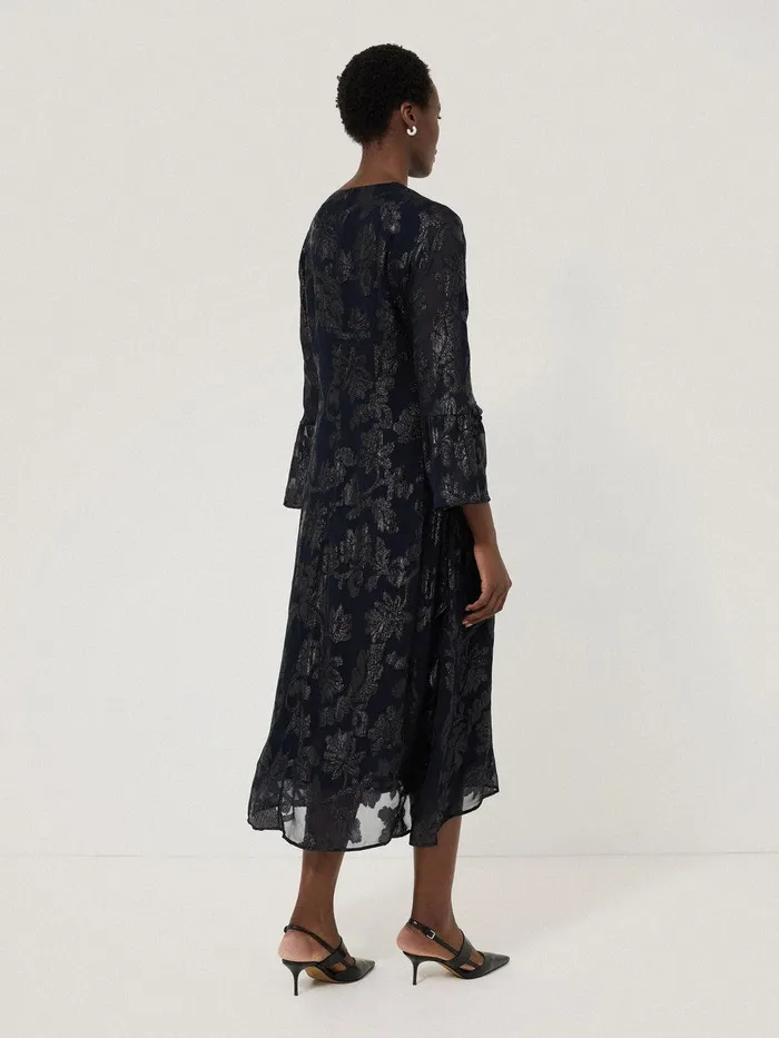 Women Metallic Jacquard Midi Dress Navy Jigsaw Dresses and Jumpsuits