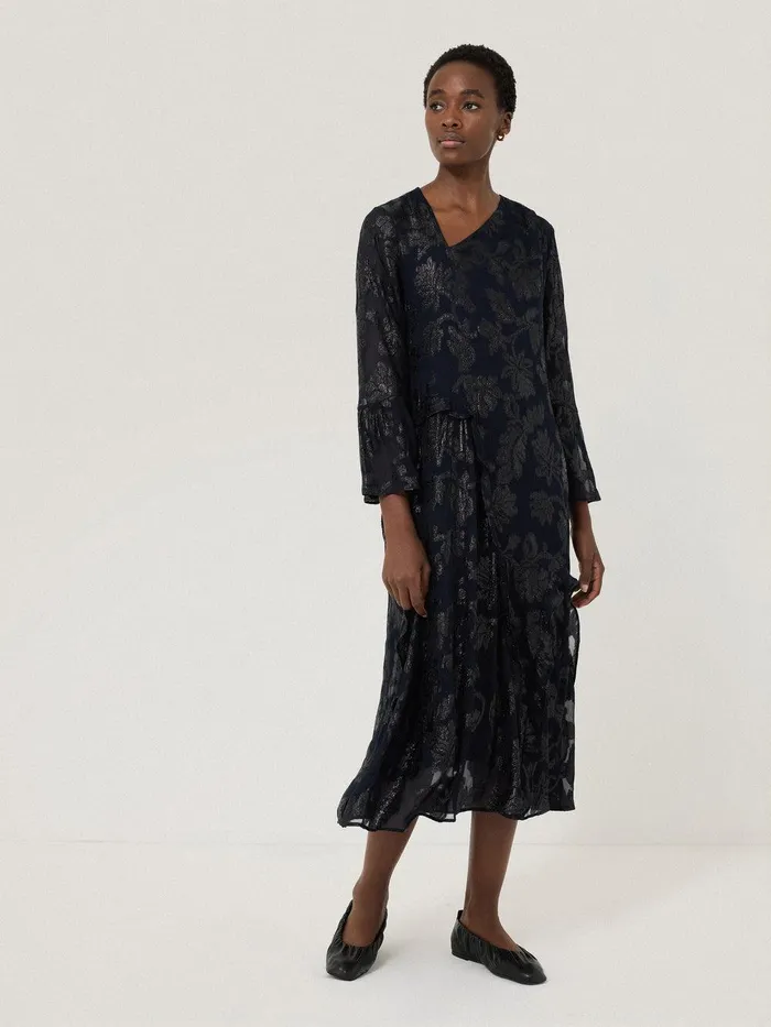 Women Metallic Jacquard Midi Dress Navy Jigsaw Dresses and Jumpsuits