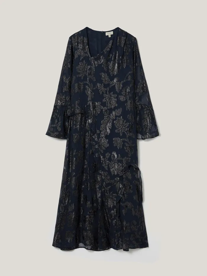 Women Metallic Jacquard Midi Dress Navy Jigsaw Dresses and Jumpsuits