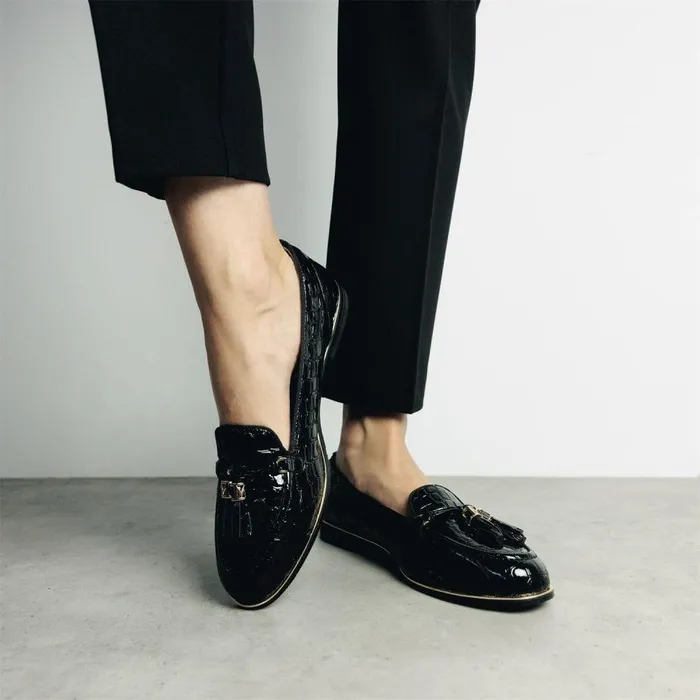 Women Moda In Pelle Brogues And Loafers Evvaa Black Patent Mocc Croc