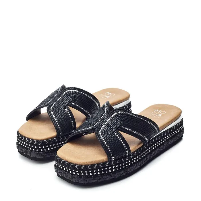 Women Moda In Pelle Flatform Sandals Naiah Black Textile