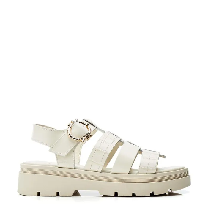 Women Moda In Pelle Flatform Sandals Obsidian Off White Leather