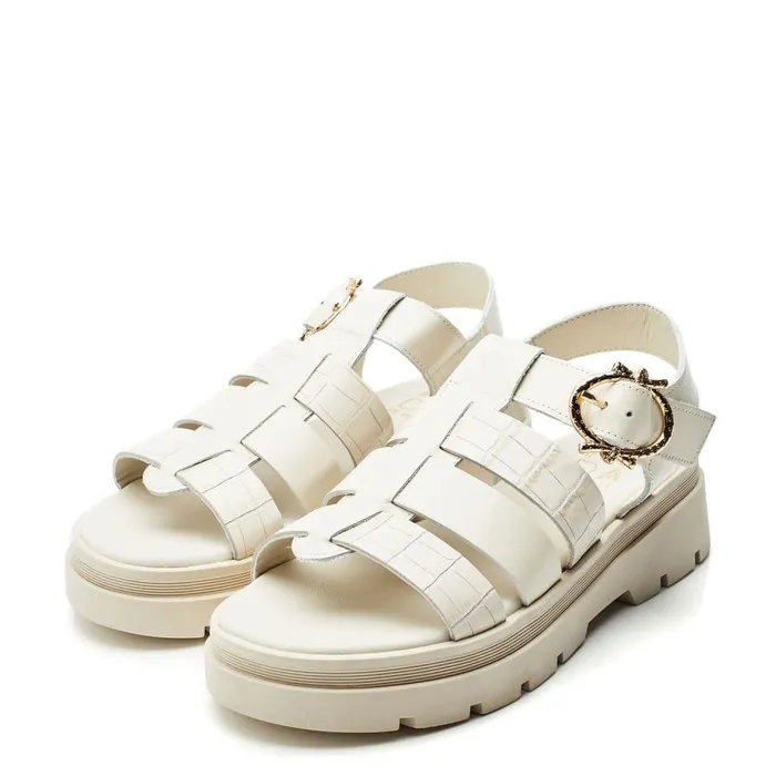 Women Moda In Pelle Flatform Sandals Obsidian Off White Leather