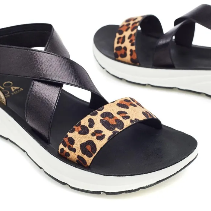 Women Moda In Pelle Flatform Sandals Rosanne Black Mini Leop Print Porvair
