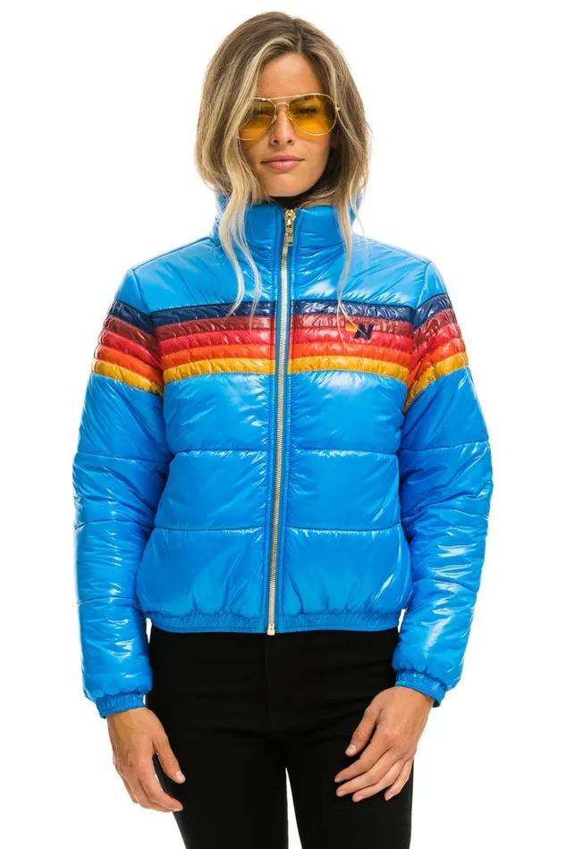 Women Outerwear Aviator Nation 5 STRIPE LUXE APRES PUFFER JACKET 8211 GLOSSY BLUE