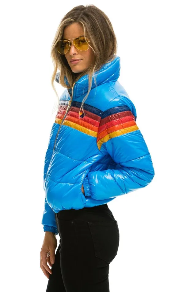 Women Outerwear Aviator Nation 5 STRIPE LUXE APRES PUFFER JACKET 8211 GLOSSY BLUE Women Outerwear Aviator Nation 5 STRIPE LUXE APRES PUFFER JACKET 8211 GLOSSY BLUE
