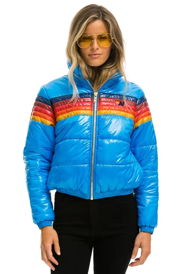 Women Outerwear Aviator Nation 5 STRIPE LUXE APRES PUFFER JACKET 8211 GLOSSY BLUE Women Outerwear Aviator Nation 5 STRIPE LUXE APRES PUFFER JACKET 8211 GLOSSY BLUE