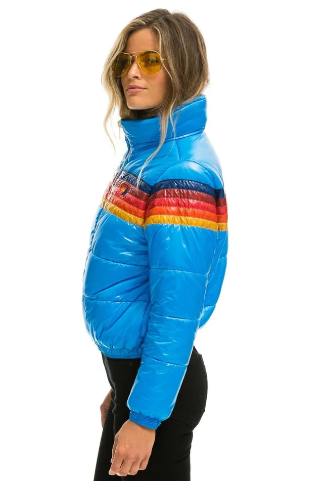 Women Outerwear Aviator Nation 5 STRIPE LUXE APRES PUFFER JACKET 8211 GLOSSY BLUE Women Outerwear Aviator Nation 5 STRIPE LUXE APRES PUFFER JACKET 8211 GLOSSY BLUE