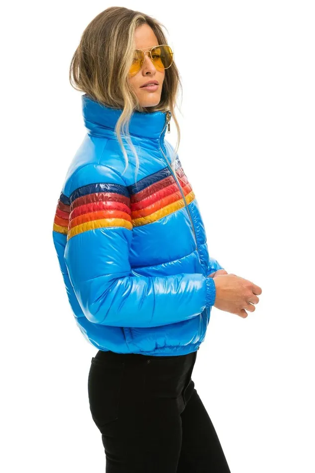 Women Outerwear Aviator Nation 5 STRIPE LUXE APRES PUFFER JACKET 8211 GLOSSY BLUE Women Outerwear Aviator Nation 5 STRIPE LUXE APRES PUFFER JACKET 8211 GLOSSY BLUE