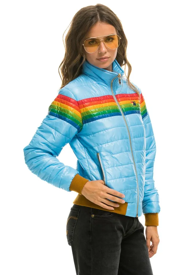 Women Outerwear Aviator Nation 6 STRIPE RAINBOW SLEEVE JACKET 8211 GLOSSY SKY Women Outerwear Aviator Nation 6 STRIPE RAINBOW SLEEVE JACKET 8211 GLOSSY SKY