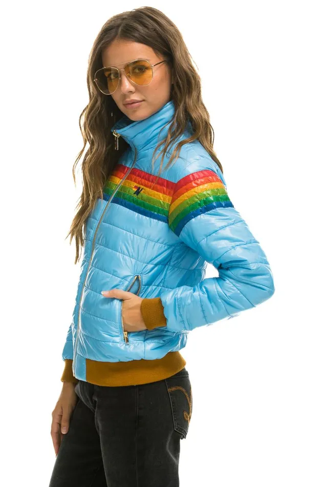 Women Outerwear Aviator Nation 6 STRIPE RAINBOW SLEEVE JACKET 8211 GLOSSY SKY Women Outerwear Aviator Nation 6 STRIPE RAINBOW SLEEVE JACKET 8211 GLOSSY SKY