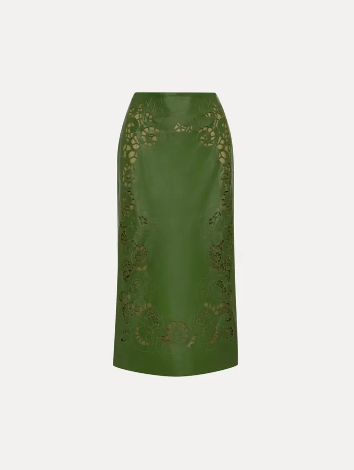 Women Pants and Skirts Oscar De La Renta Laser Cut Floral Leather Pencil Skirt Fern