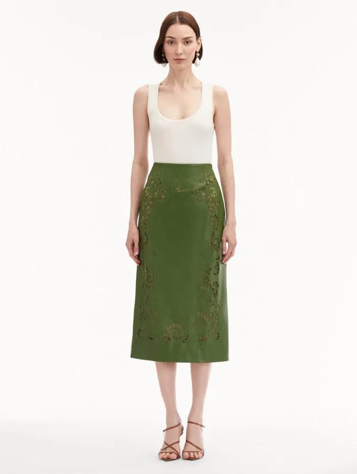 Women Pants and Skirts Oscar De La Renta Laser Cut Floral Leather Pencil Skirt Fern Women Pants and Skirts Oscar De La Renta Laser Cut Floral Leather Pencil Skirt Fern