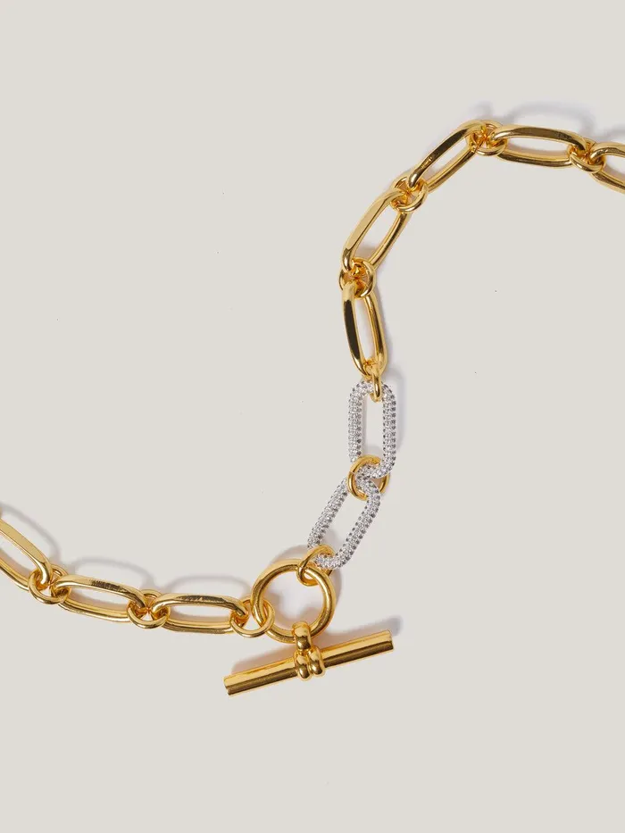 Women Pave Trombone Chain Necklace Gold Jigsaw Party