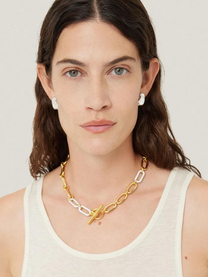 Women Pave Trombone Chain Necklace Gold Jigsaw Party