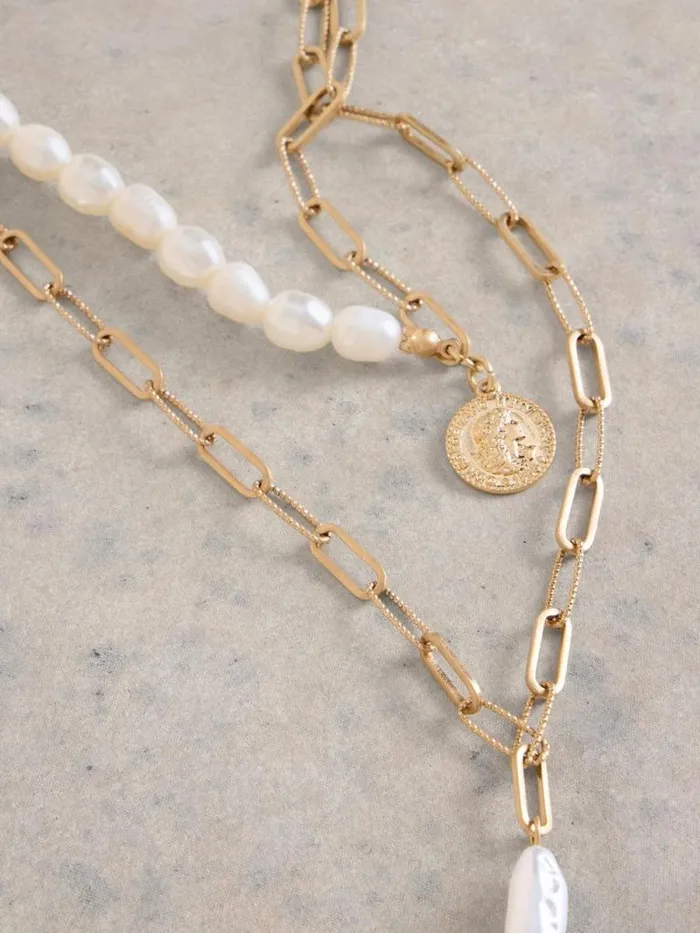 Women Pearl Multi Layer Necklace Gold Tone Metallic White Stuff Jewellery Women Pearl Multi Layer Necklace Gold Tone Metallic White Stuff Jewellery