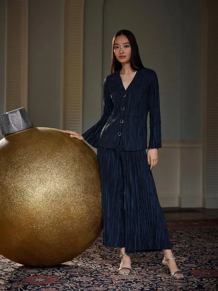 Women Plisse Button Up Top Navy Jigsaw Party