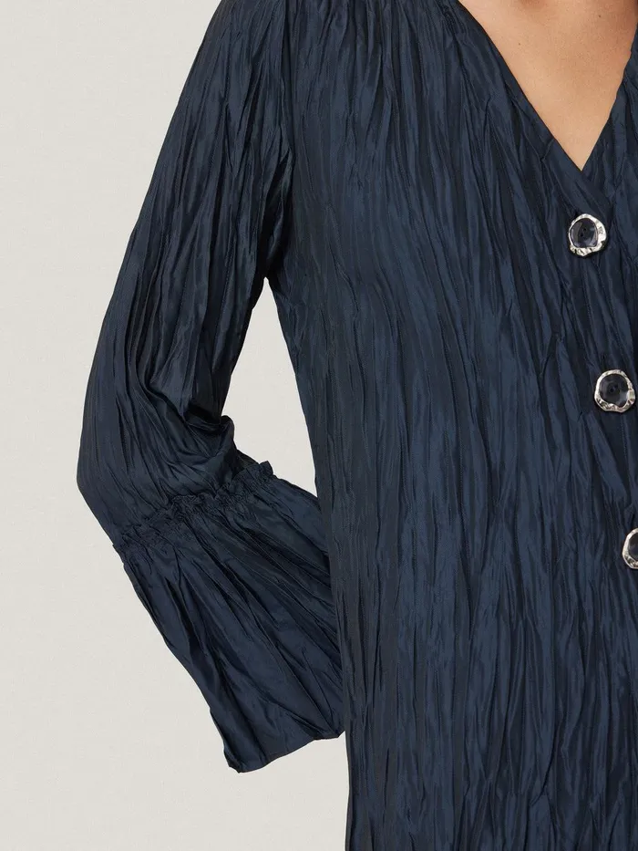 Women Plisse Button Up Top Navy Jigsaw Party