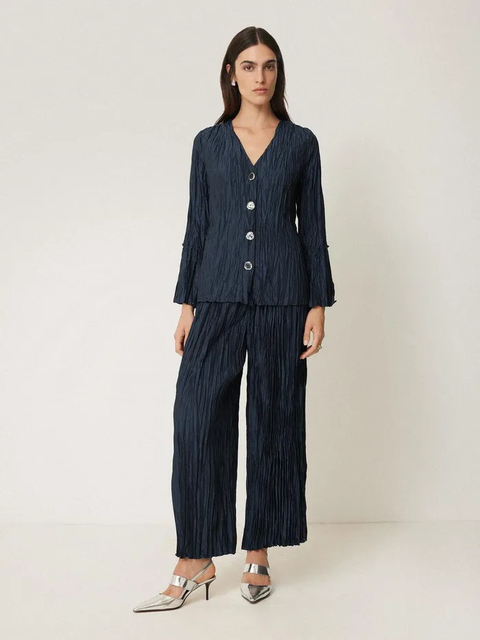 Women Plisse Button Up Top Navy Jigsaw Party
