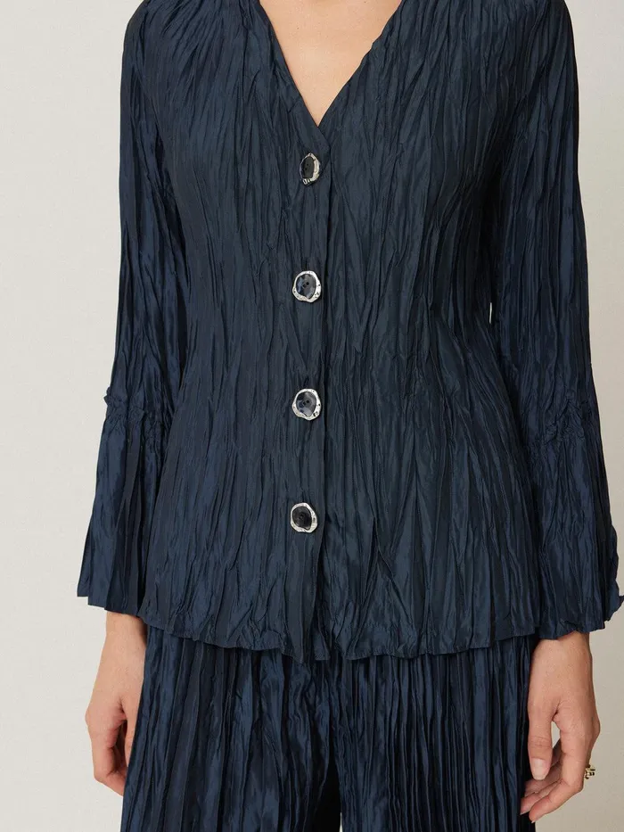 Women Plisse Button Up Top Navy Jigsaw Party