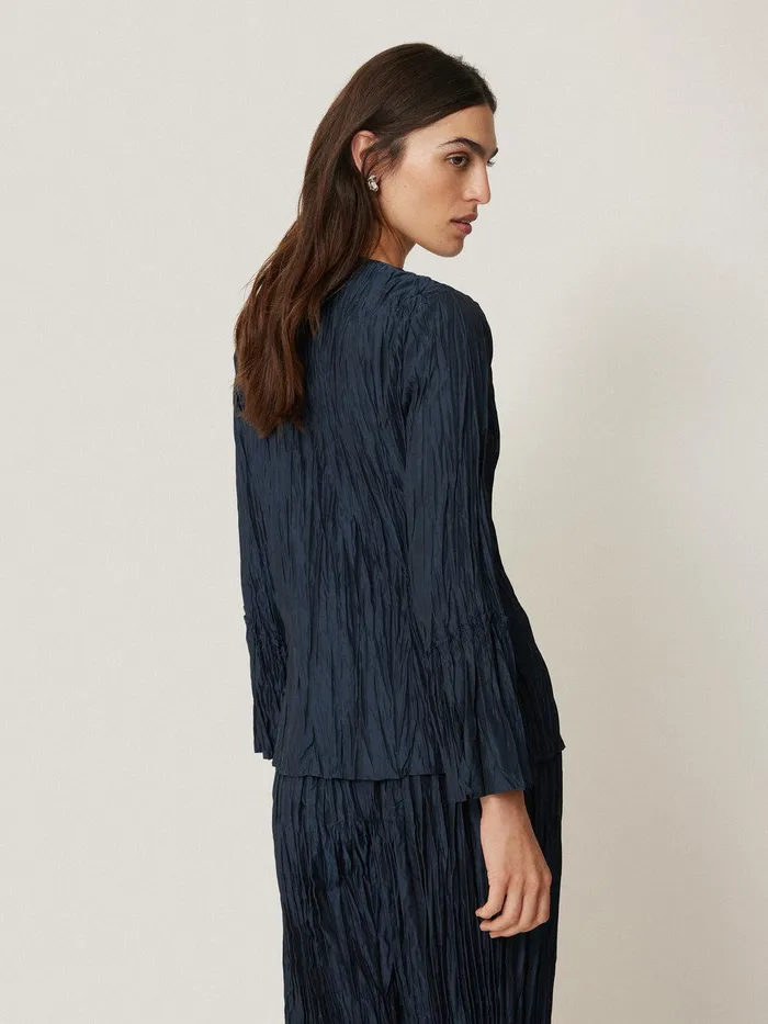 Women Plisse Button Up Top Navy Jigsaw Party