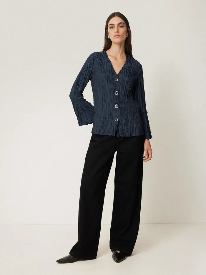 Women Plisse Button Up Top Navy Jigsaw Party