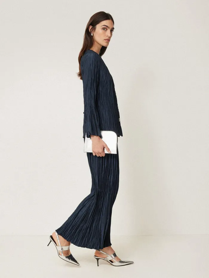 Women Plisse Button Up Top Navy Jigsaw Party