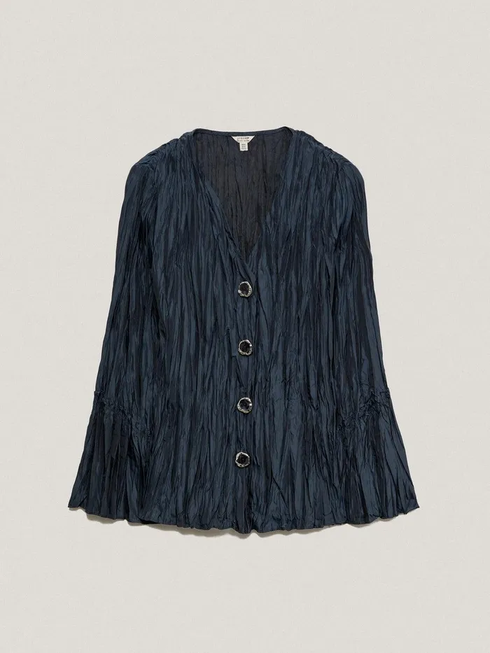 Women Plisse Button Up Top Navy Jigsaw Party