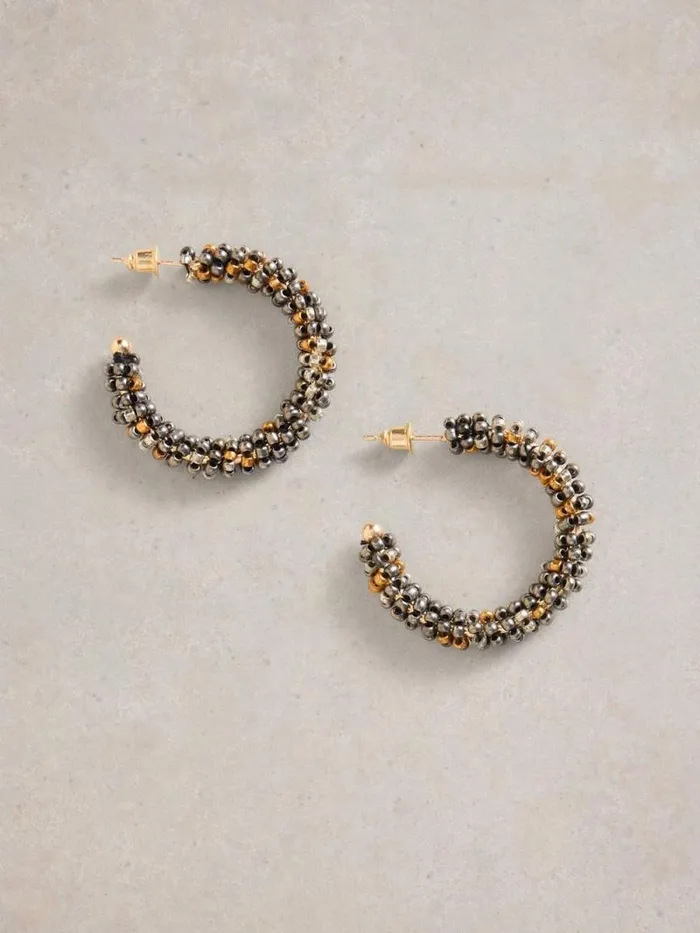 Women POPPY BEAEDED HOOP EARRING Mixed Metallic White Stuff Jewellery