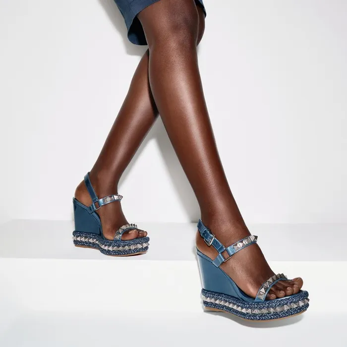 Women Pyraclou 110 Mm Espadrilles 8211 Iridescent Patent Leather 8211 Denim Christian Louboutin Platforms