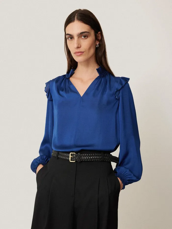 Women Recycled Satin Ruffle Top Blue Jigsaw Party