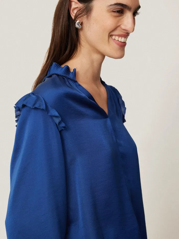 Women Recycled Satin Ruffle Top Blue Jigsaw Party