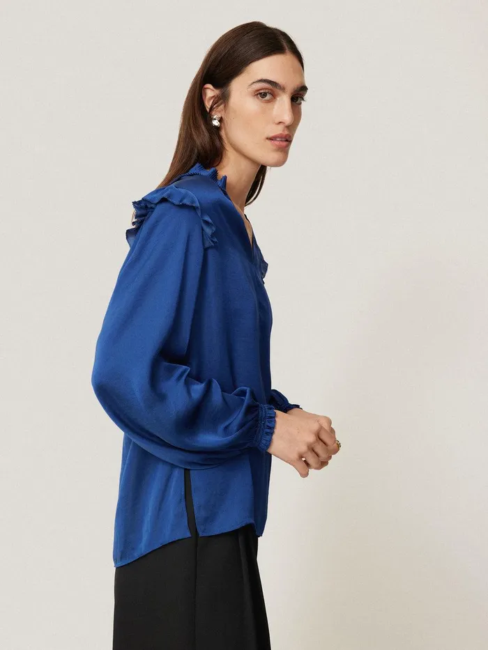 Women Recycled Satin Ruffle Top Blue Jigsaw Party