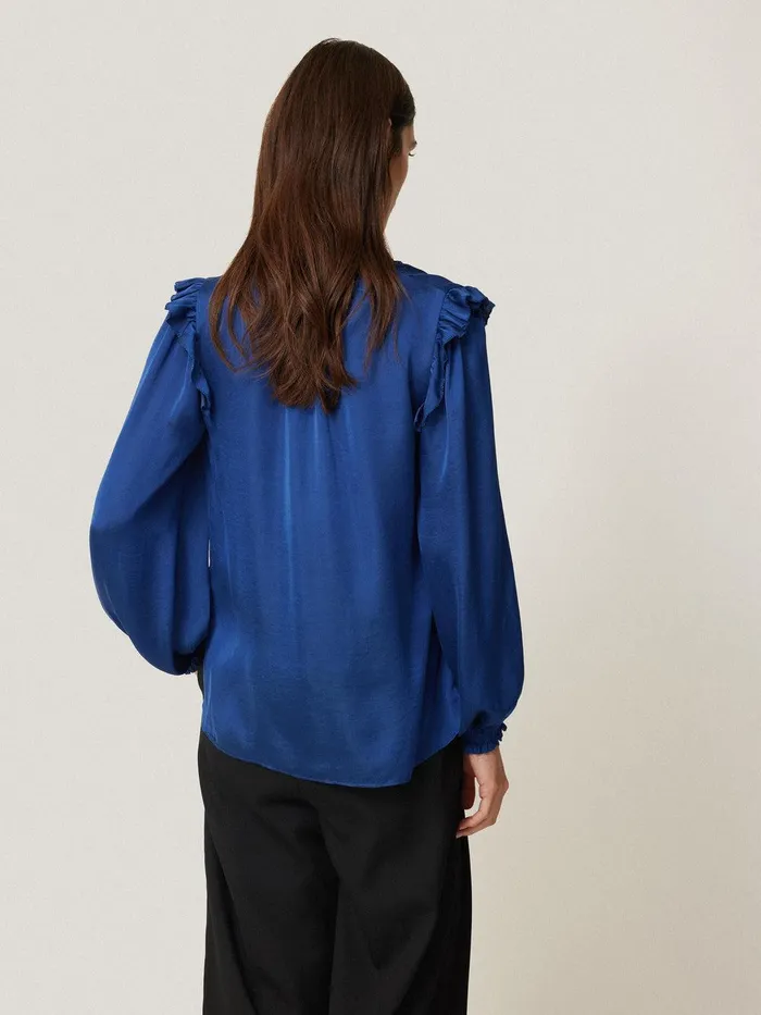 Women Recycled Satin Ruffle Top Blue Jigsaw Party