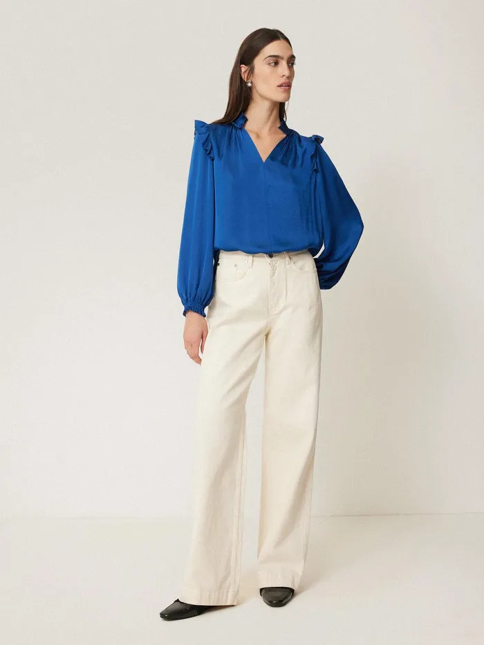 Women Recycled Satin Ruffle Top Blue Jigsaw Party