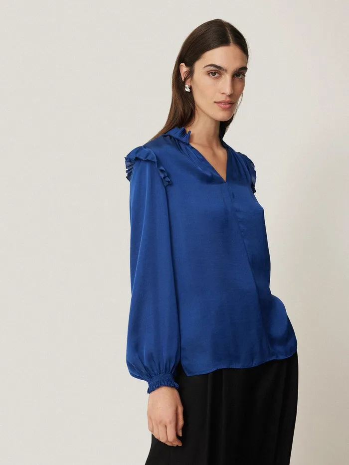 Women Recycled Satin Ruffle Top Blue Jigsaw Party