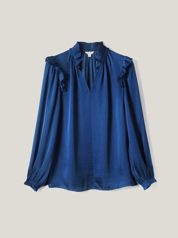 Women Recycled Satin Ruffle Top Blue Jigsaw Party