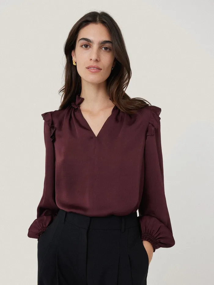 Women Recycled Satin Ruffle Top Burgundy Jigsaw Party