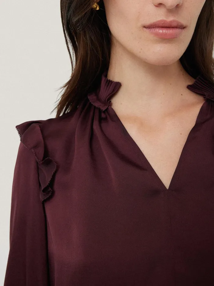 Women Recycled Satin Ruffle Top Burgundy Jigsaw Party