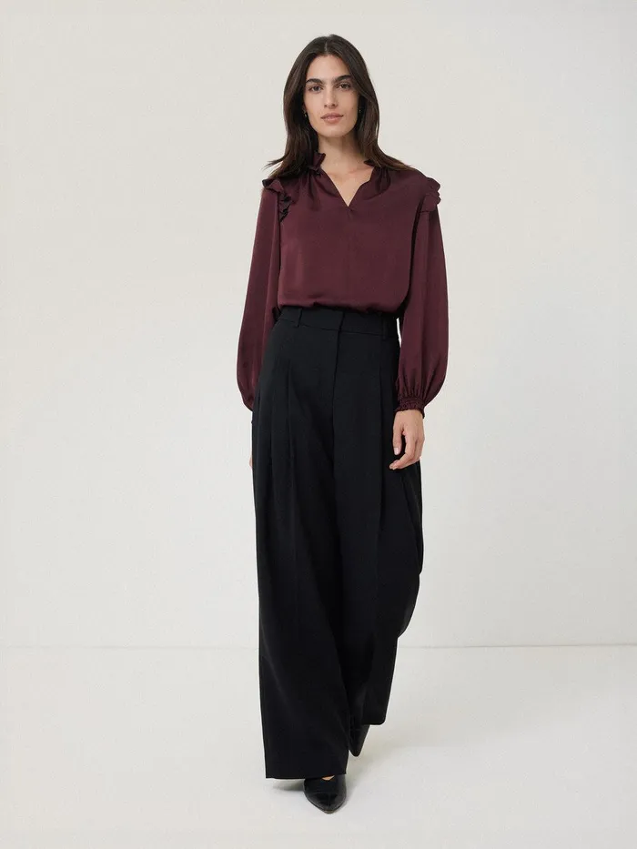 Women Recycled Satin Ruffle Top Burgundy Jigsaw Party