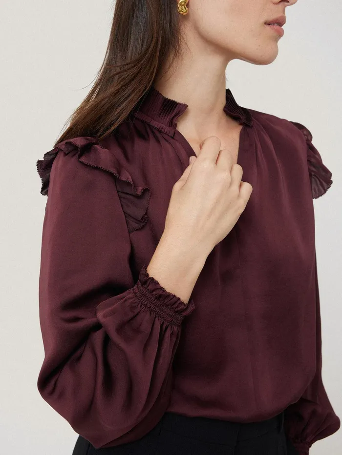 Women Recycled Satin Ruffle Top Burgundy Jigsaw Party