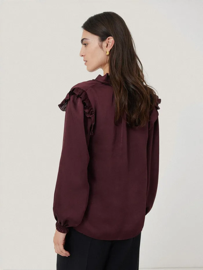 Women Recycled Satin Ruffle Top Burgundy Jigsaw Party