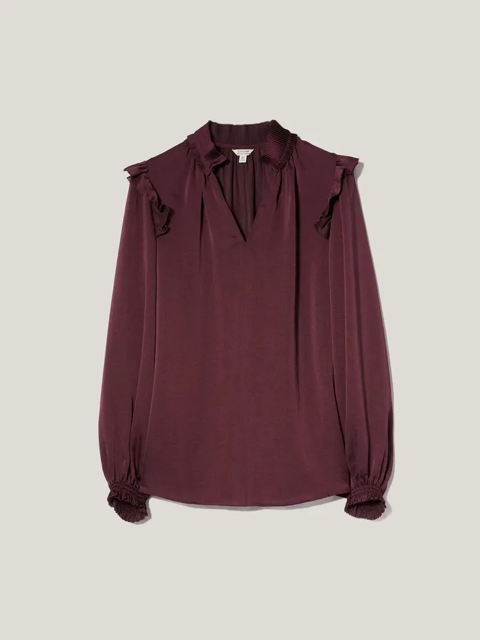 Women Recycled Satin Ruffle Top Burgundy Jigsaw Party