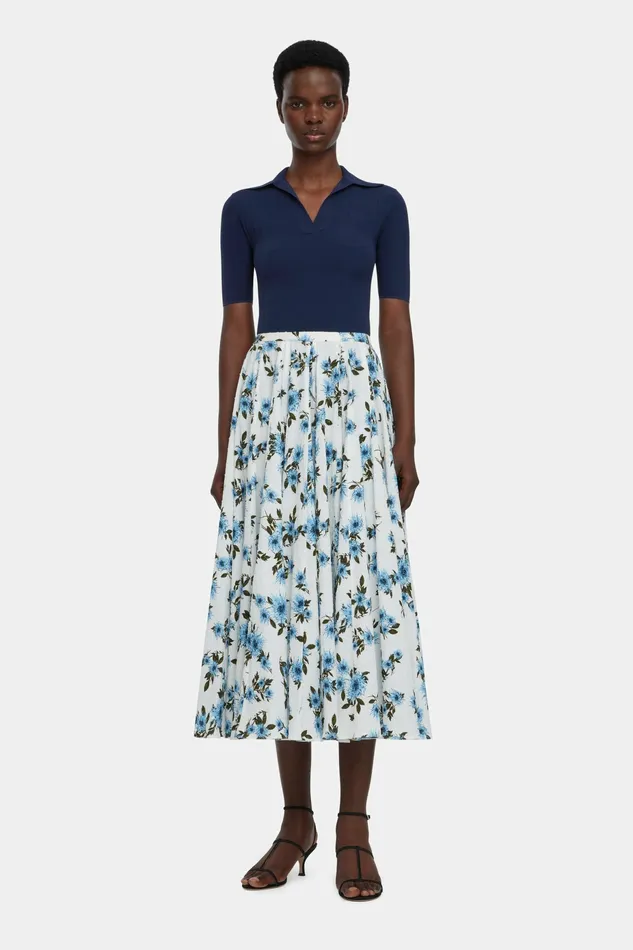 Women Rhea Skirt In Blue Dahlia Floral Print Cotton Skirts Emilia Wickstead